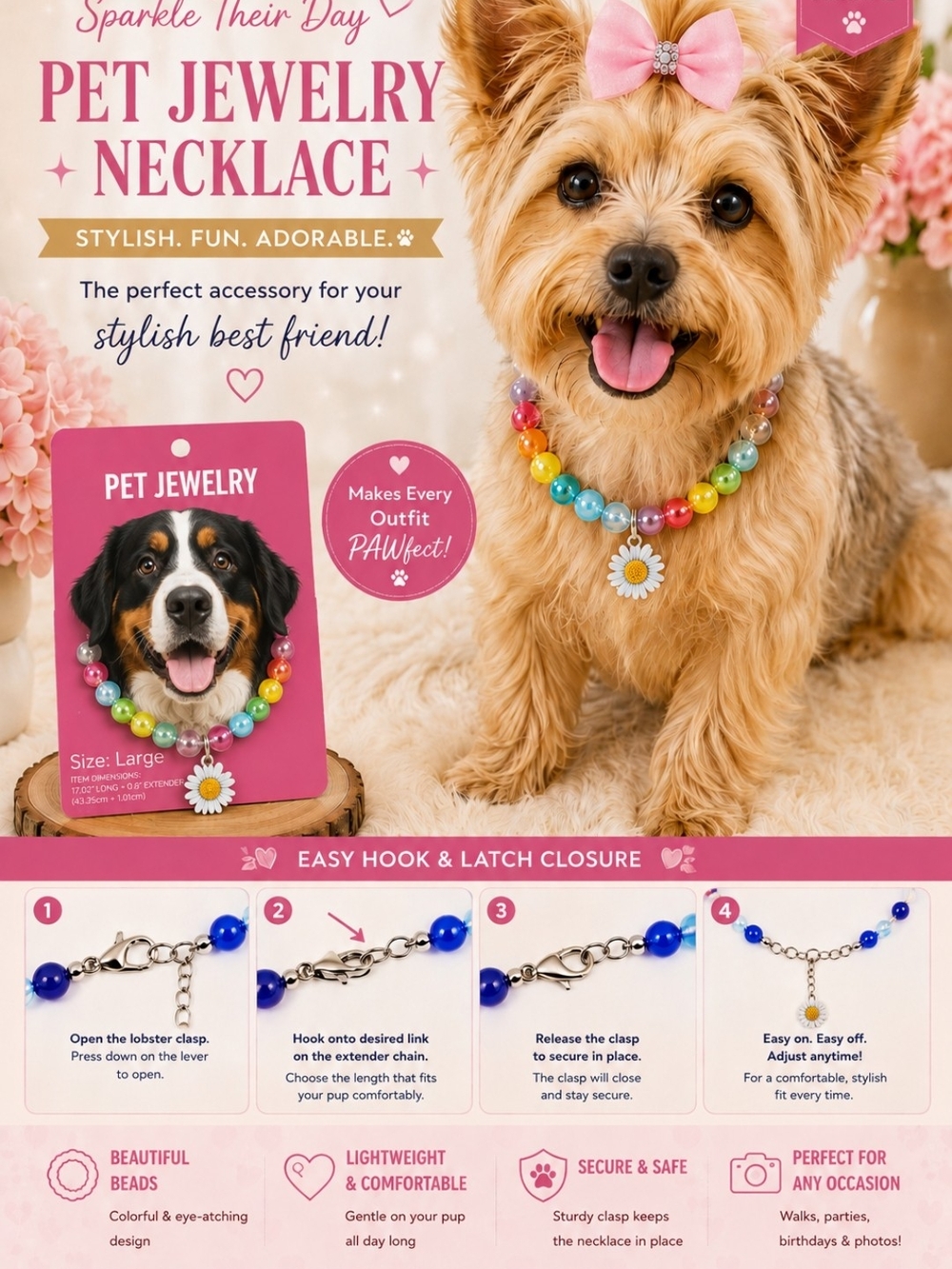 Pet Jewelry - Pearlized Beaded Necklace with Daisy Charm.